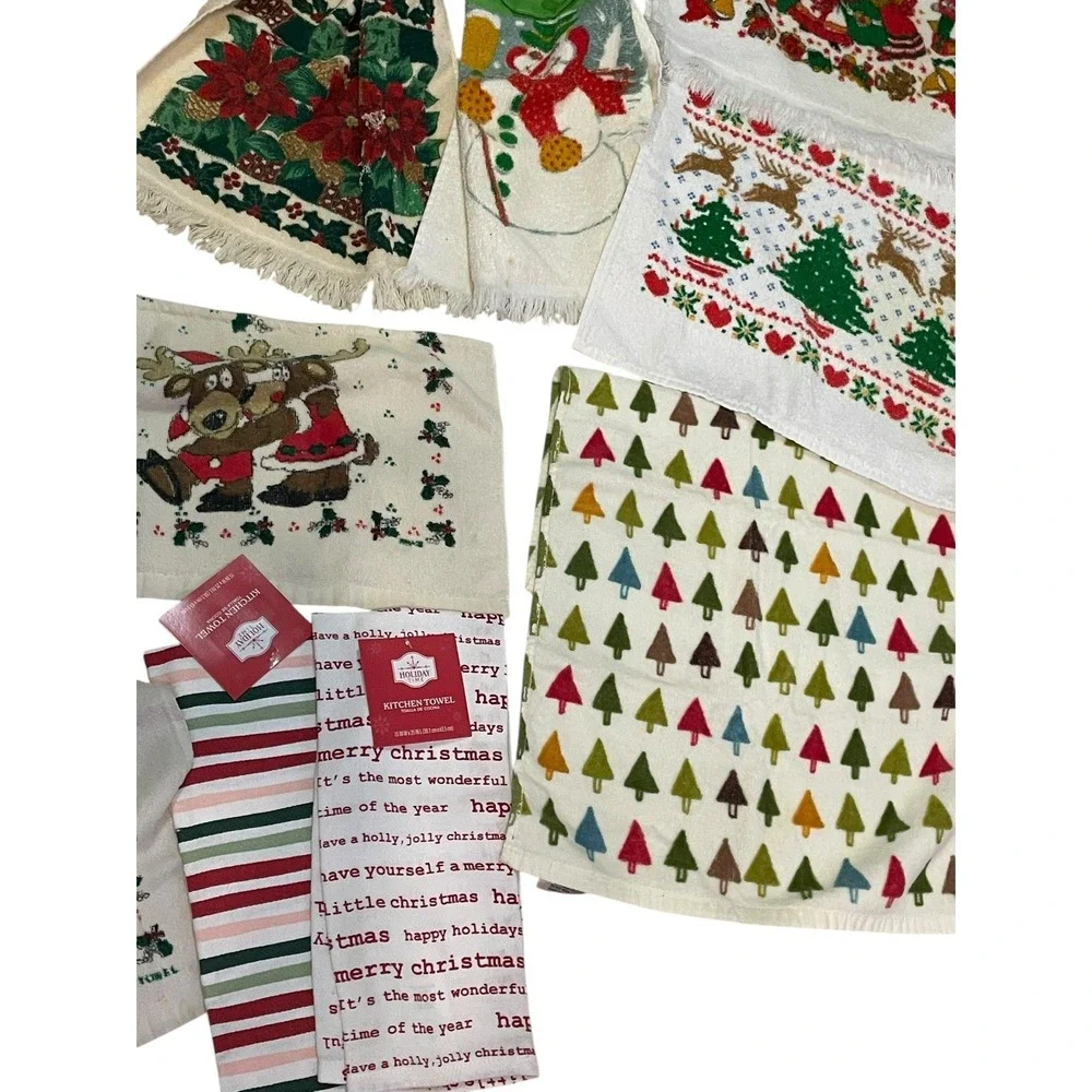 Lot 13 Vintage & Modern Christmas‎ Kitchen Towels & Table Runner Holiday Cotton